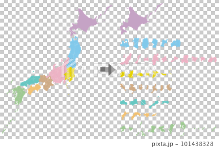 Prefectures disassembled and arranged with a map of Japan 101438328