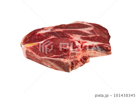 Raw cowboy steak with seasonings on white background, prime rib eye on bone 101438345