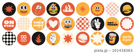 Burger retro cartoon fast food stickers. Comic character, slogan, quotes and other elements for burger bar, cafe, restaurant. Groovy funky vector illustration in trendy retro cartoon style. Burger retro cartoon fast food stickers. Comic character, slogan, quotes and other elements for burger bar, cafe, restaurant. Groovy funky vector illustration in trendy retro cartoon style. 101438363