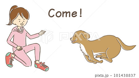 ペットの大型犬を呼んで、トレーニングをするスポーツウェアを着たポニーテールの若い女性 101438837