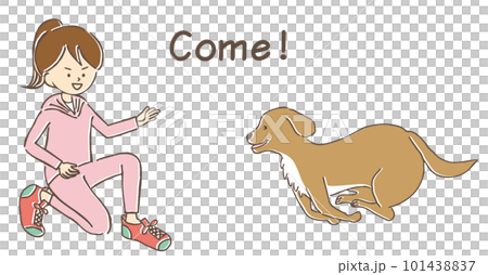 ペットの大型犬を呼んで、トレーニングをするスポーツウェアを着たポニーテールの若い女性 101438837