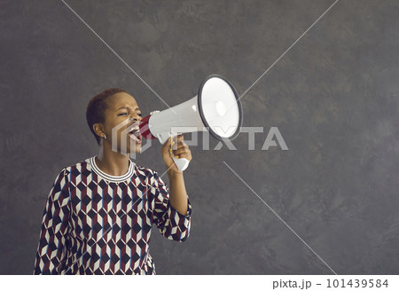 Mad biracial woman make announcement shout in loudspeaker Mad biracial woman make announcement shout in loudspeaker 101439584