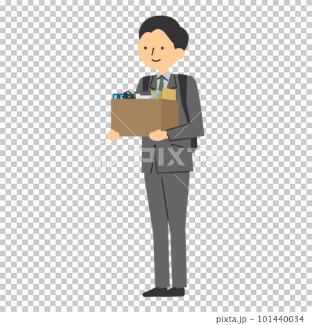 Vector illustration of a man wearing a suit and carrying a backpack holding a cardboard box with a smile 101440034