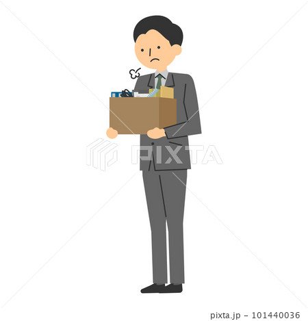 スーツを着た男性が沈んだ顔で荷物の入った段ボール箱をもっているベクターイラスト 101440036