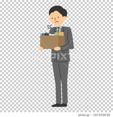 スーツを着た男性が沈んだ顔で荷物の入った段ボール箱をもっているベクターイラスト 101440036