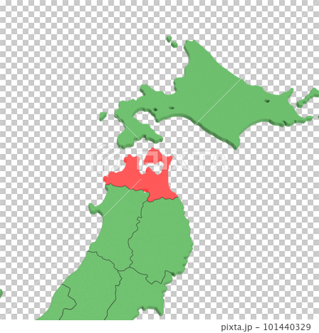 ベクター素材／日本列島バードビュー　青い海に緑の大地　県境表示　赤いハイライト_[青森県] 101440329