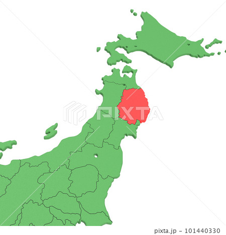 ベクター素材／日本列島バードビュー　青い海に緑の大地　県境表示　赤いハイライト_[岩手県] 101440330