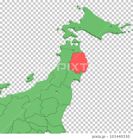 ベクター素材／日本列島バードビュー　青い海に緑の大地　県境表示　赤いハイライト_[岩手県] 101440330