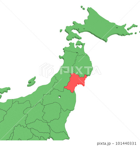 ベクター素材／日本列島バードビュー　青い海に緑の大地　県境表示　赤いハイライト_[宮城県] 101440331