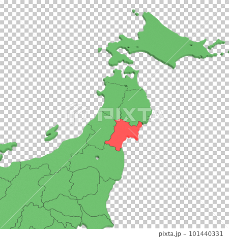 ベクター素材／日本列島バードビュー　青い海に緑の大地　県境表示　赤いハイライト_[宮城県] 101440331