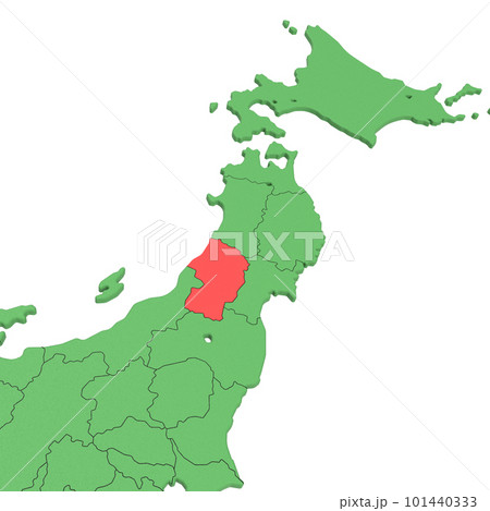ベクター素材／日本列島バードビュー　青い海に緑の大地　県境表示　赤いハイライト_[山形県] 101440333