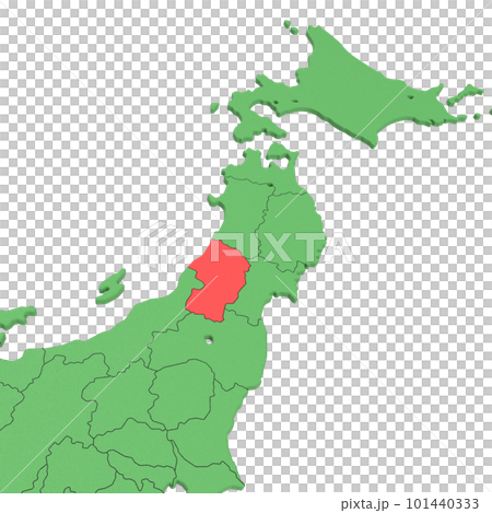ベクター素材／日本列島バードビュー　青い海に緑の大地　県境表示　赤いハイライト_[山形県] 101440333