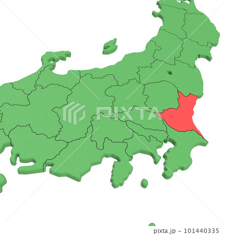 ベクター素材／日本列島バードビュー　青い海に緑の大地　県境表示　赤いハイライト_[茨城県] 101440335