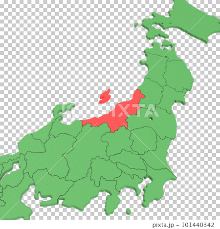 Vector material / Bird view of the Japanese archipelago Blue sea and green land Prefectural border display Red highlight_[Niigata Prefecture] 101440342