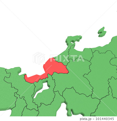 ベクター素材／日本列島バードビュー　青い海に緑の大地　県境表示　赤いハイライト_[福井県] 101440345
