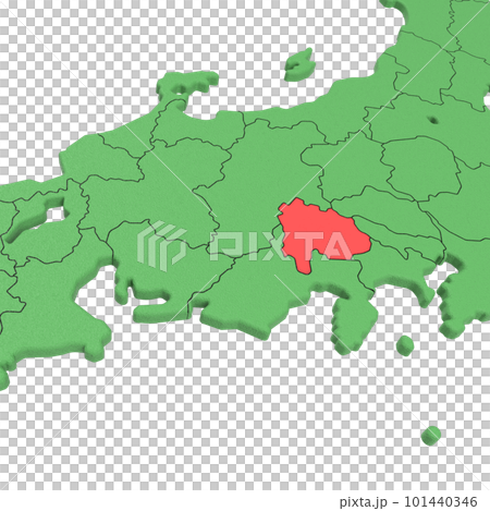 ベクター素材／日本列島バードビュー　青い海に緑の大地　県境表示　赤いハイライト_[山梨県] 101440346