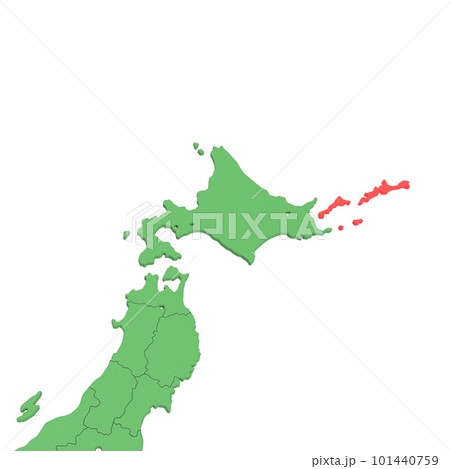 ベクター素材／日本列島バードビュー　緑の大地　県境表示　赤いハイライト_[北方四島] 101440759