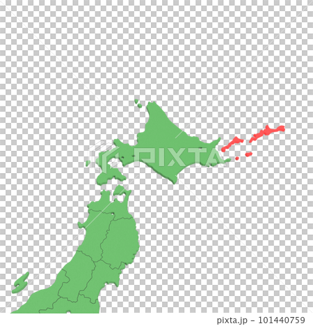 ベクター素材／日本列島バードビュー　緑の大地　県境表示　赤いハイライト_[北方四島] 101440759