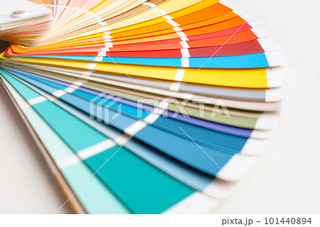 Color guide. Assortment of colors for design. Colors palette fan. White background. Designer chooses palette guide. Coloured swatches catalogue 101440894
