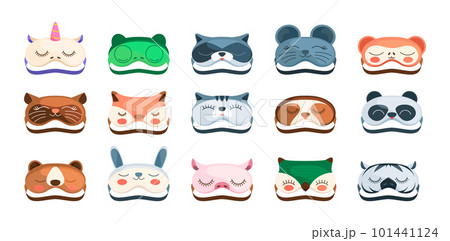 Animal sleeping mask. Cartoon sleepy faces of cute animals, nap sleepy frogs, cute puppies and kittens in face masks. Vector sleep cartoon set 101441124