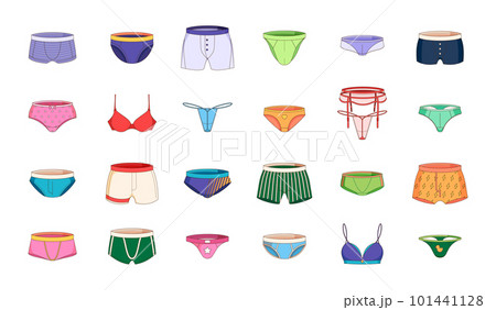Men and women underpants. Cartoon male and female underwear, relaxed boxer shorts and swimwear for everyday wear. Vector isolated collection Men and women underpants. Cartoon male and female underwear, relaxed boxer shorts and swimwear for everyday wear. Vector isolated collection 101441128