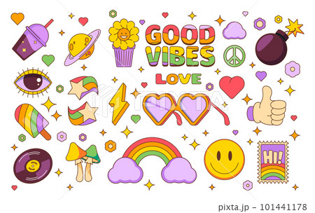 Trendy patches. Doodle hippie abstract geometric stickers for graphic art, cute chaotic psychedelic comic pop stickers. Vector colorful set 101441178