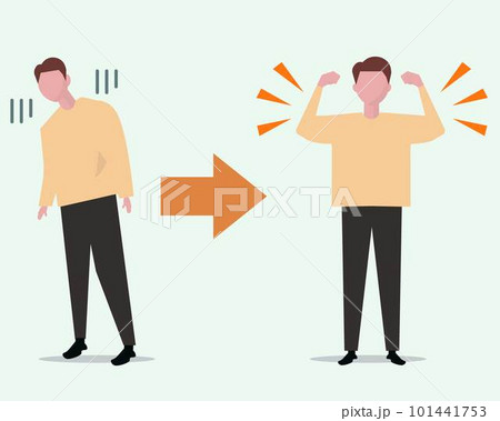 回復する男性 落ち込んでいたけど元気になった 生活習慣の見直しうつ病の改善 ベクターイラスト 回復する男性 落ち込んでいたけど元気になった 生活習慣の見直しうつ病の改善 ベクターイラスト 101441753