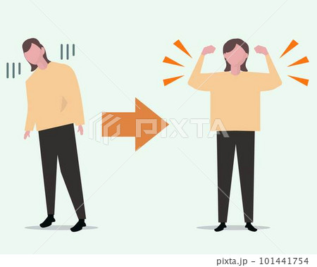 回復する女性 落ち込んでいたけど元気になった 生活習慣の見直しうつ病の改善 ベクターイラスト	 101441754