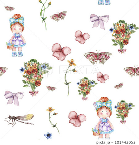 Watercolor seamless, cartoon pattern with flowers and insects on a background. Kids style background with beautiful summer or spring flowers. Applicable for textiles, wallpapers, decor. Watercolor seamless, cartoon pattern with flowers and insects on a background. Kids style background with beautiful summer or spring flowers. Applicable for textiles, wallpapers, decor. 101442053