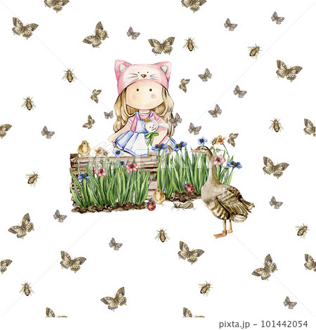 Watercolor seamless, cartoon pattern with flowers and insects on a background. Kids style background with beautiful summer or spring flowers. Applicable for textiles, wallpapers, decor. 101442054