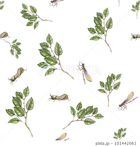 Watercolor seamless, cartoon pattern with flowers and insects on a background. Kids style background with beautiful summer or spring flowers. Applicable for textiles, wallpapers, decor. 101442061
