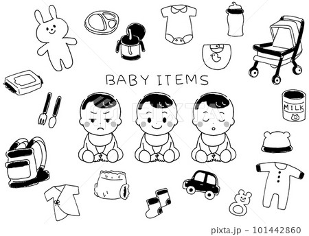 ベビー用品と赤ちゃんのイラスト素材セット 線画 ベビー用品と赤ちゃんのイラスト素材セット 線画 101442860