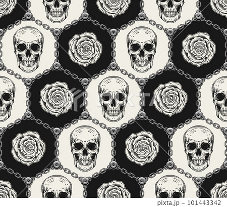 Geometric hexagonal pattern with human skulls, roses, steel chains, rivets. Monochrome background in vintage style. Good for mens apparel, clothing, fabric, textile, sport goods. 101443342