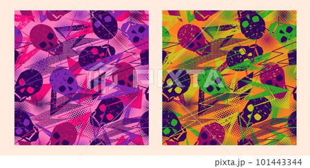Set of seamless patterns with skulls, grunge paint brush strokes, lightnings 101443344