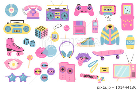Retro 80s 90s clipart set. Pink pastel colors y2k glamour fashion patch, badge, emblem, stickers. Retro 80s 90s clipart set. Pink pastel colors y2k glamour fashion patch, badge, emblem, stickers. 101444130