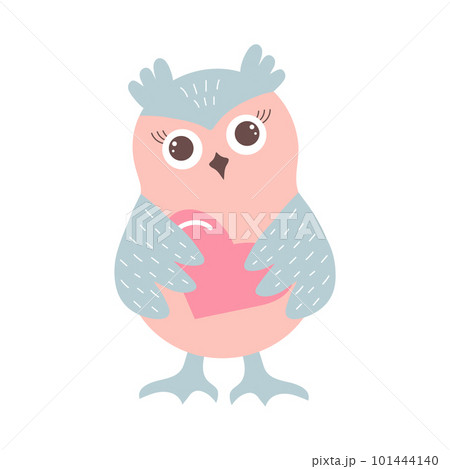 Cute funny owl with holding a heart. Forest bird cartoon character. 101444140