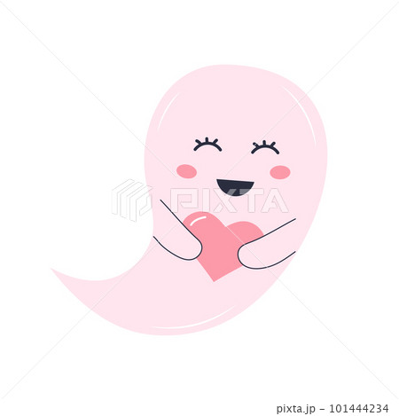 Cute pink ghost with a heart. Halloween character isolated on white background. 101444234