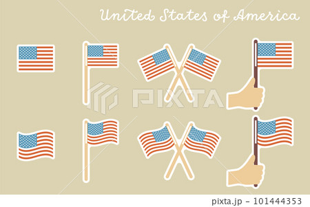 レトロカラーのアメリカ国旗（星条旗）のイラストセット（アイコン風、白ふちあり） 101444353