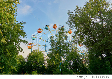 Multi colored ferris wheel and blue sky in a green forest park 101444945