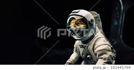 A happy dog in a space suit with an expression of excitement. Ready for a cosmic adventure in the milky way galaxy. Is AI Generative. 101445704