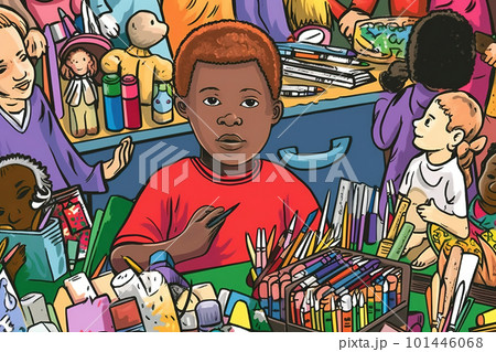 Childhood learning with books and pencils, classroom illustration for education. Boys and girls studying at their desks in a cheerful cartoon setting. AI generative. 101446068