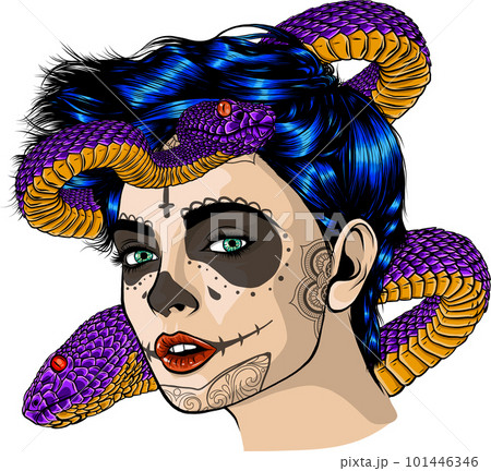 illustration of snakes around woman head vector hand draw 101446346