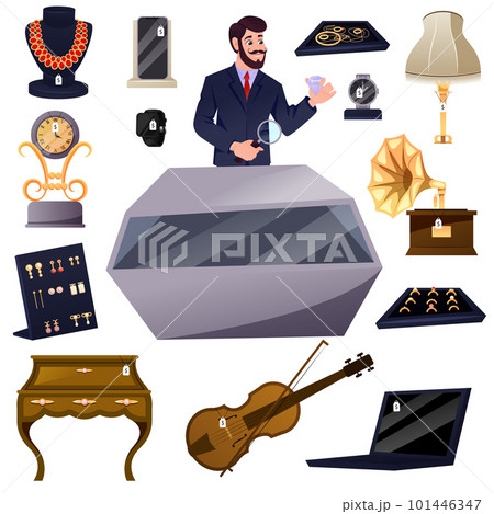 Pawn shop collection. Cartoon pawnbroker sells jewelry collection to customer, store interior. Pawnshop services. Customers Buy and Sell Precious Metals Jewels 101446347