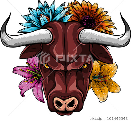 head bull with flower vector illustration on white background. digital hand draw 101446348