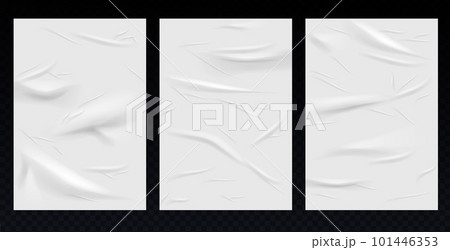 Glued paper wrinkled effect, vector realistic background. White wet paper poster template set with crumpled texture. Realistic vector posters mockup 101446353