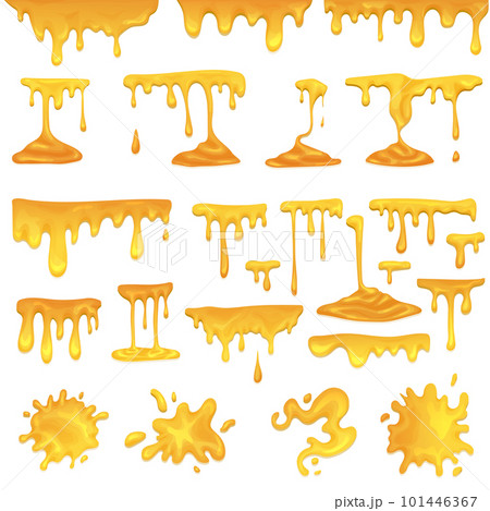 Yellow juice or honey blots set. Maple syrup, caramel and sweet sugar sauce melting and leaking. Dessert design for cafeteria and patisserie cakes and cookies Yellow juice or honey blots set. Maple syrup, caramel and sweet sugar sauce melting and leaking. Dessert design for cafeteria and patisserie cakes and cookies 101446367