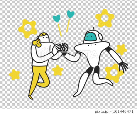 A woman holding hands with an AI artificial intelligence robot Illustration material 101446471