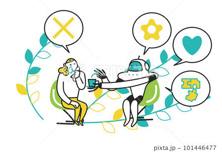 悩みごとをロボットに相談し、なぐさめられている女性　イラスト素材	 101446477