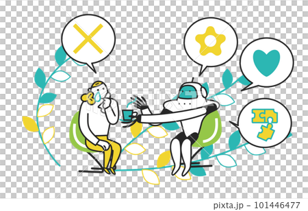 悩みごとをロボットに相談し、なぐさめられている女性　イラスト素材	 101446477