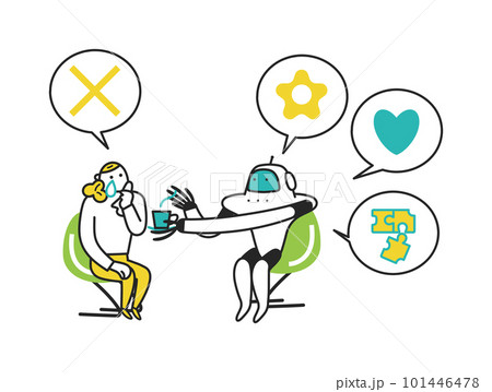 悩みごとをロボットに相談し、なぐさめられている女性　イラスト素材	 101446478